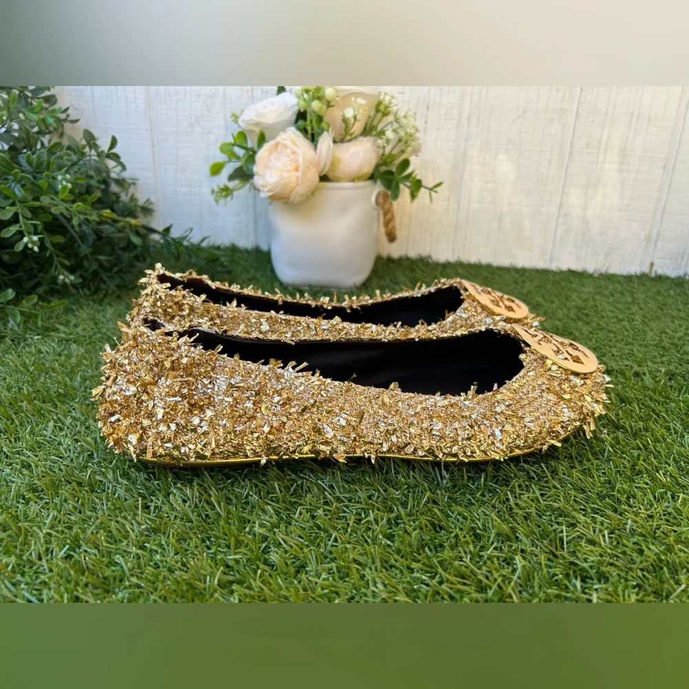 TORY BURCH MINNIE TRAVEL BALLET Color: Gold / Gold WOMEN SIZE 7.5 NEW